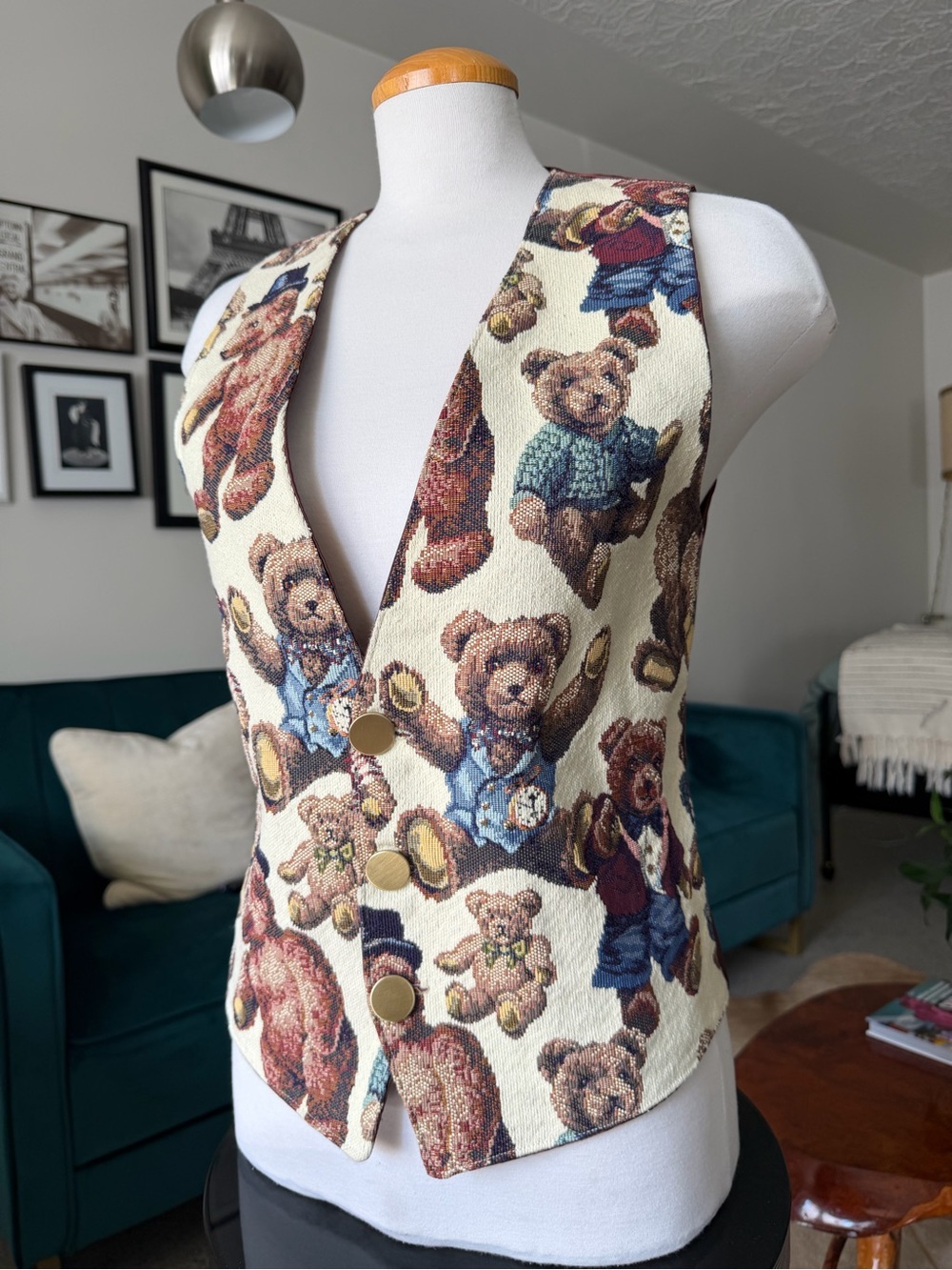 Teddy Bear Tapestry Vest in Cream and Brown